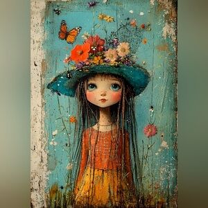 Whimsical Girl with Floral Hat Art Print